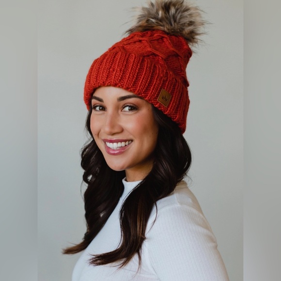 Orange Knit Beanie with Faux Fur Pom - Picture 2 of 4